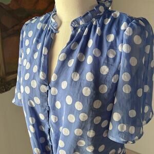 polka dot tie front blouse sheer flutter sleeve coastal vintage XS Tamara H